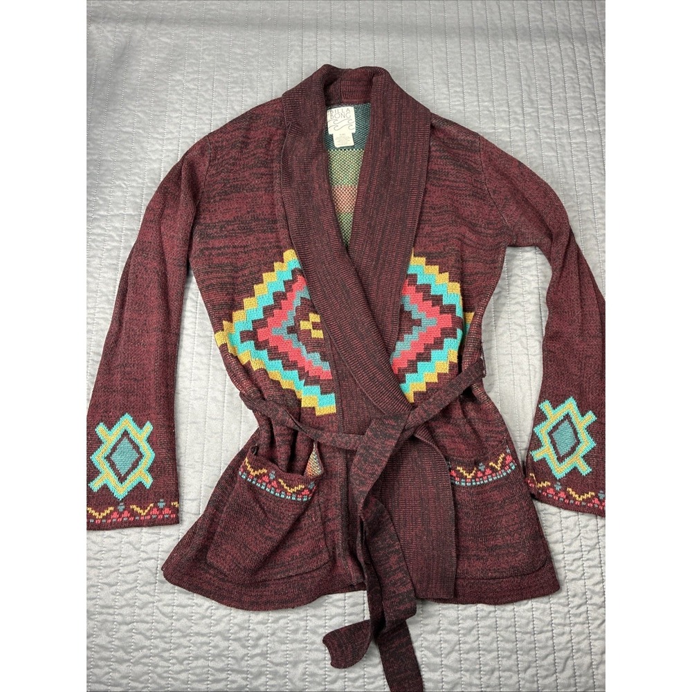 Billabong Leaving This Behind  Belted Cardigan‎ Sweater Maroon Women's Med